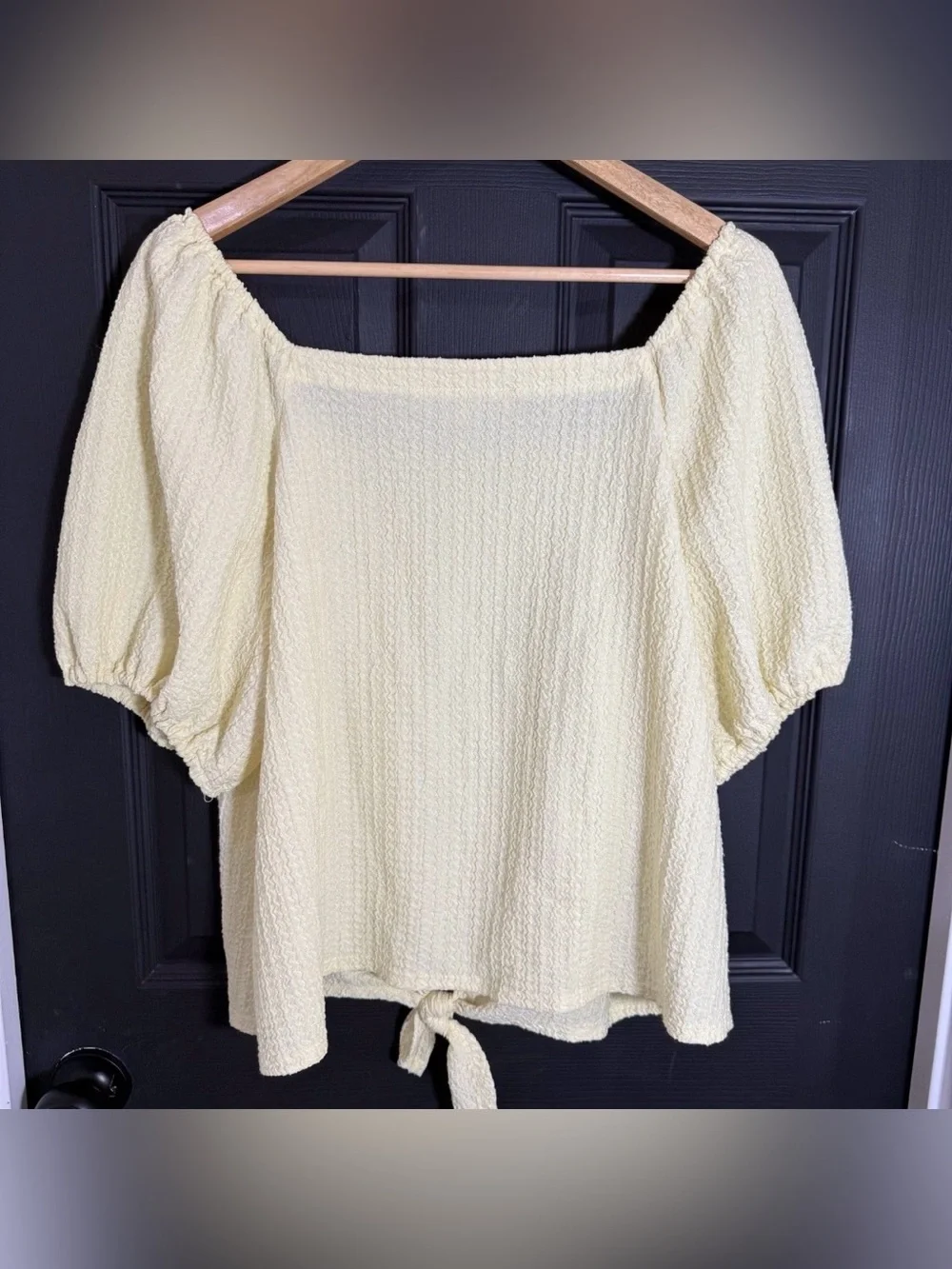 LOFT Pale Yellow Square-Neck Tie-Front Puff Sleeve Top